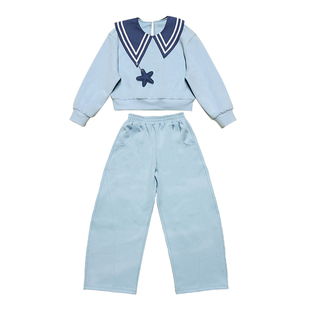 小童木 海军风女童运动套装春季新款中大童套头上衣弯刀裤两件套