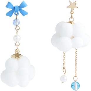 蓝色蝴蝶结耳钉小众可爱少女软糯棉花毛绒球云朵不对称耳夹耳饰女