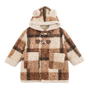 幼悠女童复古校园风格子外套中长款冬季娇俏甜美防风保暖毛绒上衣