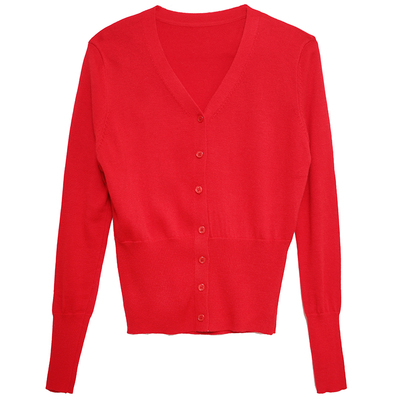 ohmyloli 法式红樱花粉基础纯色高比例坑条收腰针织长袖开衫