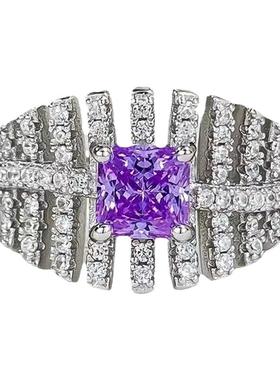 纯银树叶镶嵌高碳钻方形紫钻戒指