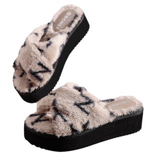 宝人毛毛拖鞋秋冬季女士棉拖加绒高级感室内家居防滑厚底增高外穿