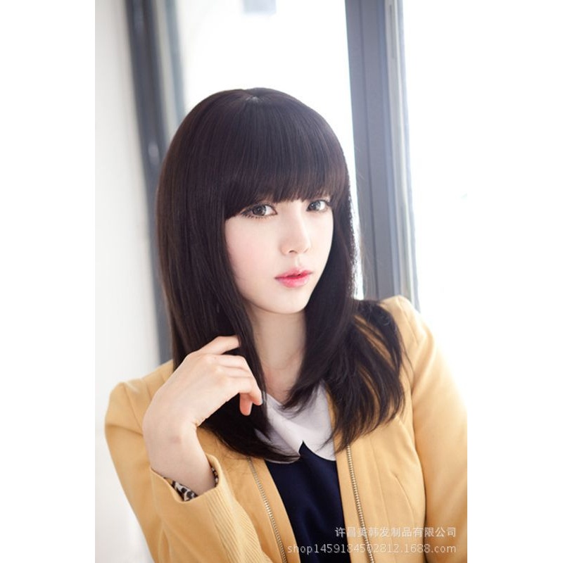 新款直销美韩假发女整顶头套斜刘海长发直发齐刘海长直发中长款OL