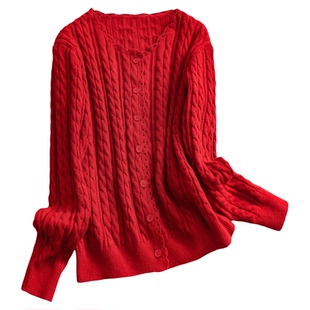 红色马年本命年软糯亲肤圆领绞花针织开衫外套长袖女装毛衣W021