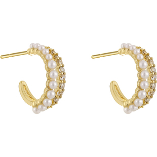 金色珍珠锆石双C圈耳环女高级感轻奢圈圈耳饰小众耳钉方圆脸耳圈