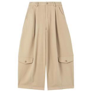 KEIKO 卡其色加绒弯刀休闲裤女冬季美式工装高腰加厚直筒阔腿裤子