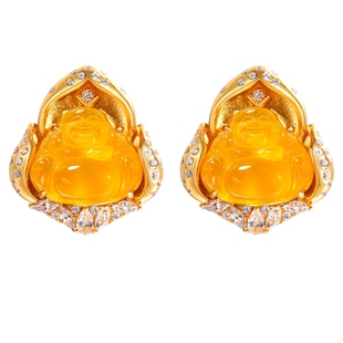 VISING珠宝冰黄水沫玉垫色佛公耳钉耳饰黄金色耳钉