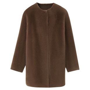 朗姿圆领气质高级感仿皮草外套通勤简约经典大衣女2025年冬季新款