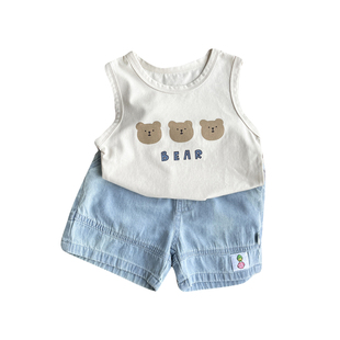 夏季男宝宝背心套装婴儿薄款无袖上衣牛仔短裤两件套女童夏天衣服