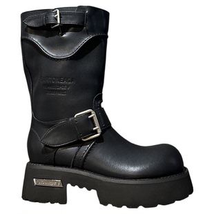 神店新品~2026欧美风辣妹真皮厚底中筒靴马丁靴女短靴西部牛仔靴