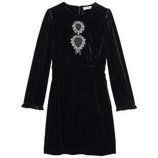 SANDRO Outlets秋冬女装法式优雅气质黑色绒面镂空短款长袖连衣裙