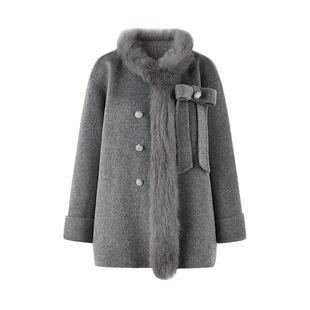 秋水伊人狐狸毛双面呢红色大衣2025年冬季新款蝴蝶结温柔毛呢外套