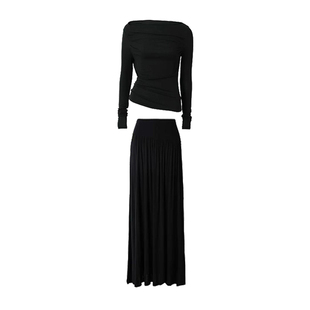 早春重磅天丝羊毛一字肩法式垂感显瘦垂感长袖针织衫+半身裙套装