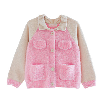 ilovej童装粉色毛绒针织开衫