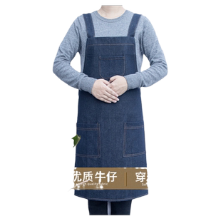 牛仔围裙工作围裙男女厨房奶茶店烘焙围腰电焊工加厚耐磨背带围裙