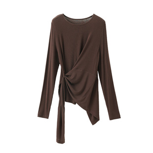 CHENXIAN辰现莱赛尔羊毛混纺系带圆领T恤长袖设计感不规则上衣女