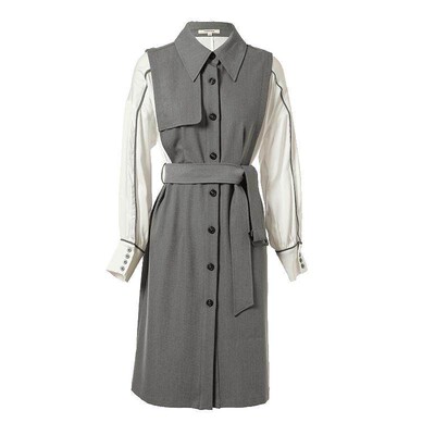 Famecoco折扣店英伦风假两件收腰连衣裙通勤撞色衬衫裙F221FA019