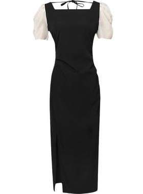 夏季女装2022新款气质性感修身黑色长裙短袖显瘦中长款连衣裙