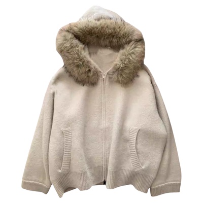 设计感可拆卸毛领连帽开衫外套女