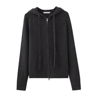 水云间女装 通勤连帽领双拉链宽松纯羊毛针织开衫2025秋季新款