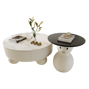 奶油风岩板茶几2025新款轻奢高级感小户型微晶石圆形茶几