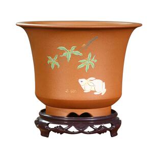 降坡泥紫砂花盆泥绘大口径兰花盆达摩中透绿云精品高档宜兴陶瓷