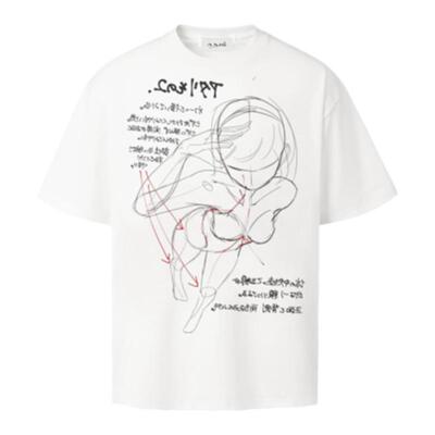 小领口美式落肩宽松短袖人像涂鸦