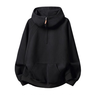 拉夏贝尔黑色加绒半拉链连帽卫衣冬季2025男士分割结构设计感上衣