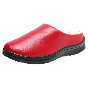 冬季防水棉拖鞋女皮面耐脏加绒保暖厚底防滑居家室内情侣妈妈棉鞋