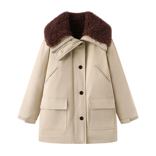 拉夏贝尔/La Chapelle工装加绒加厚外套女冬季新款保暖翻领大衣