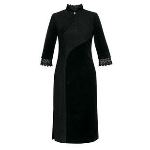 木真了弹力蕾丝修身女士旗袍秋装新品妈妈装七分袖丝绒旗袍310