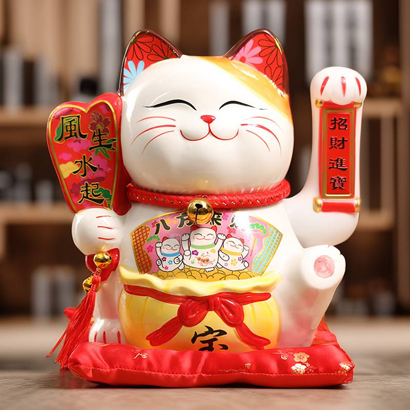 12寸摇手招财猫陶瓷摆件招手家居开业礼品桌面大收银台客厅号店铺