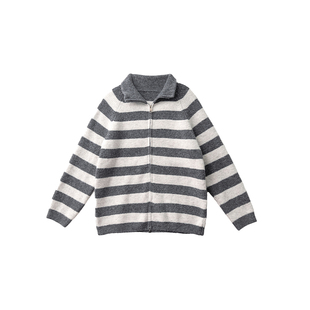 不等式 复古风条纹羊毛混纺拉链翻领针织衫女宽松百搭毛衣开衫