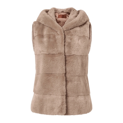 马天奴藕粉连帽水貂毛皮草马甲