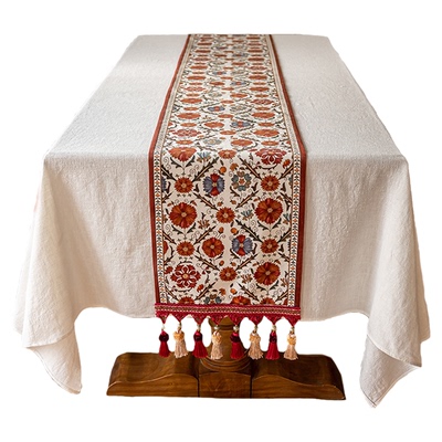 防水复古美式高级感法式红色花卉流苏餐桌玄关电视柜新欧式桌旗