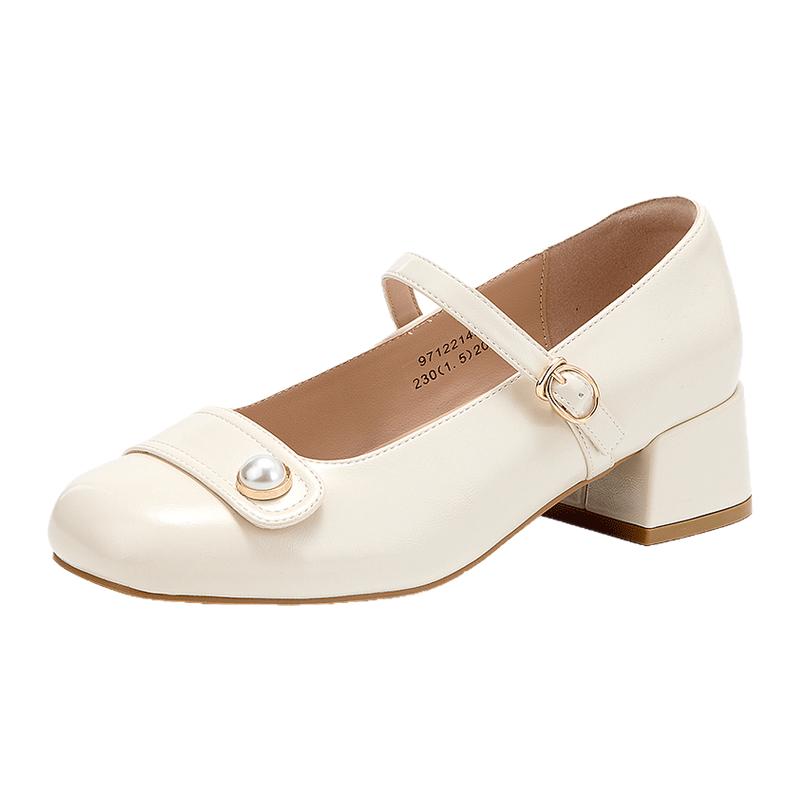 华耐玛丽珍鞋女2025新款秋季粗跟一字带气质珍珠法式设计感单鞋子