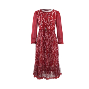 马天奴2026春夏新款红色刺绣网纱连衣裙子圆领长袖收腰气质时尚女
