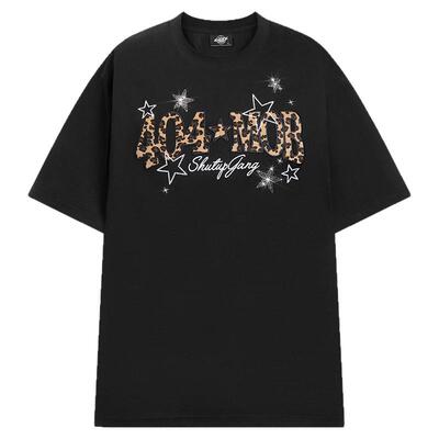 404MOB撞色星星烫钻贴布刺绣短袖T恤美式休闲宽松圆领上衣情侣夏t