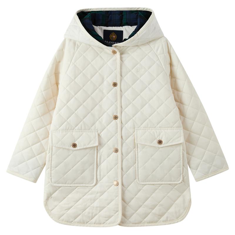 eland kids衣恋童装女童中长款棉服秋冬季刺绣轻量连帽棉衣外套