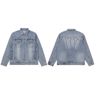 VLONE 25新品哥特风标语大LOGO印花立体剪裁做旧水洗休闲牛仔夹克