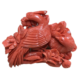 ENIMOL珠宝台湾MOMO莫莫珊瑚鸳鸯雕件深桃红天然有机宝石吊坠胸针