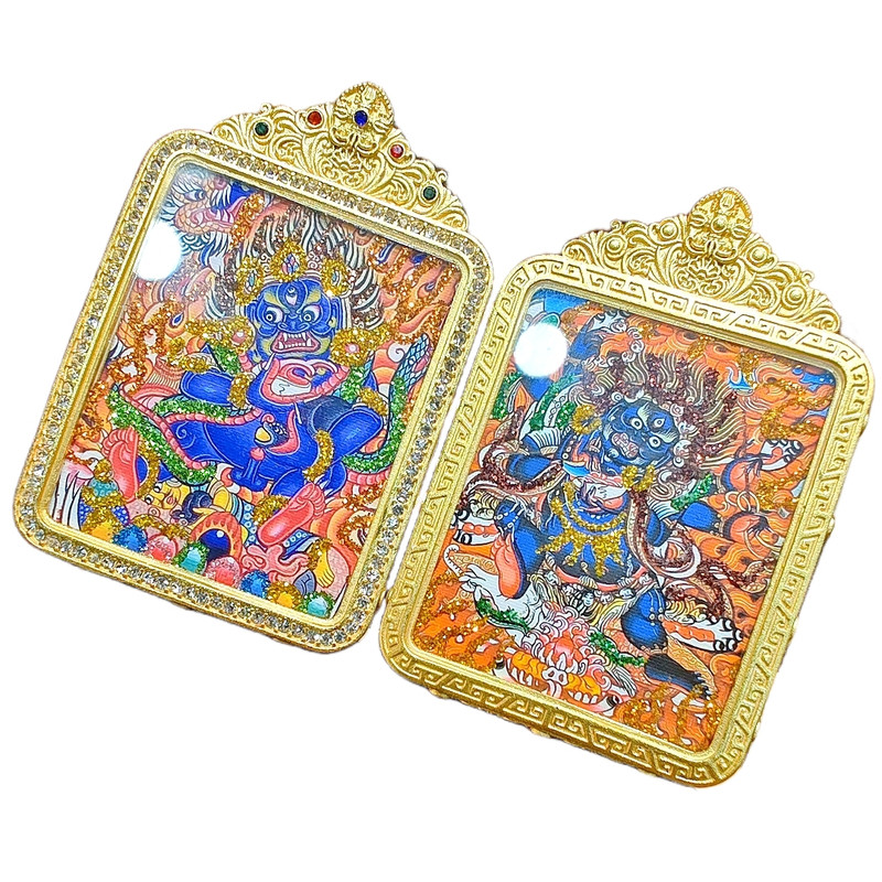 【纯手绘彩金】黑财神+大黑天双面铜壳唐卡吊坠项链送五路绳贴