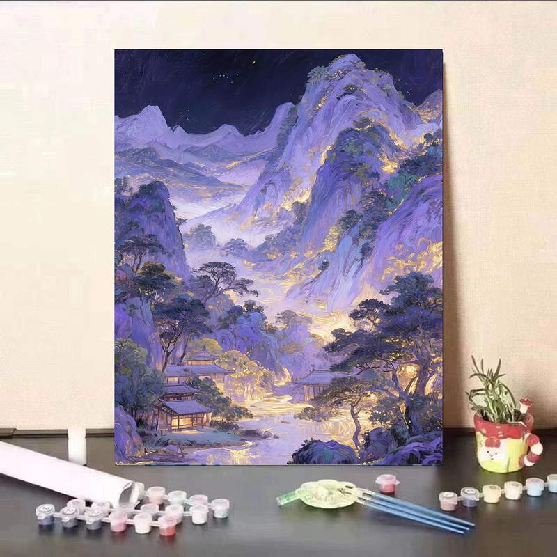 千里江山图数码油画DIY填充手绘中国画山水山水油画客厅装饰画