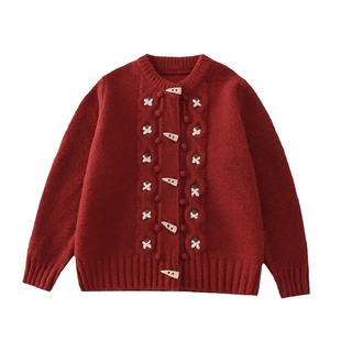 踏进银河 日系复古刺绣牛角扣毛衣开衫小个子新年红色甜美针织衫