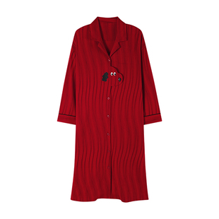 古今睡衣女款2026春季新款长袖睡裙红色喜庆家居服套装可外穿