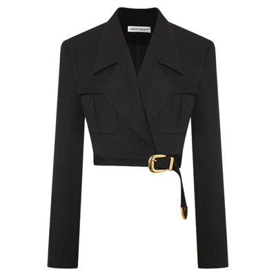 Maison Wester2025秋季新品翻领收腰金属扣装饰黑色修身短款外套