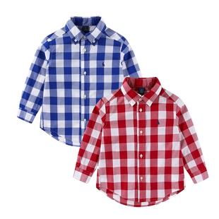 RL063男女童小马纯棉薄款格子长袖衬衣中大童可亲子休闲翻领衬衫