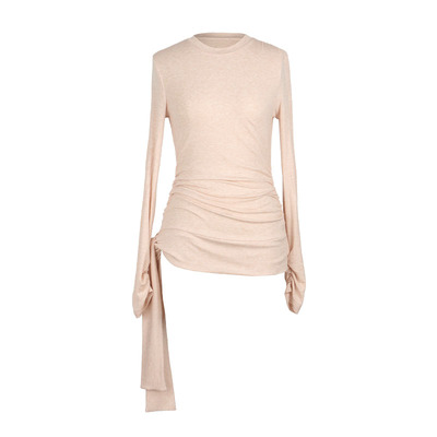 通勤常规细带抽褶圆领长袖T恤