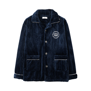 俞兆林男款秋冬款加绒加厚珊瑚绒睡衣上衣单件开衫冬装男式法莱绒