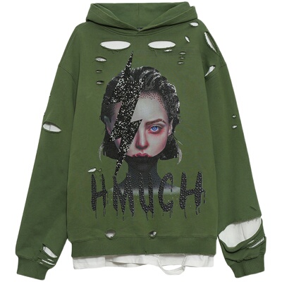 TCH烫钻人像套头连帽卫衣